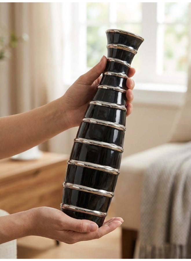 ايست من نون Ceramic Vase for Floral Decorative arrangement, Ht-40 cm | Black Silver Color | Ribbed Rays Design | Size -9.5x9.5x40.2 cm | Perfect for decorativing your living room, Ideal for decorating coffee table, dinning table, console table or any office or living space - Image 3